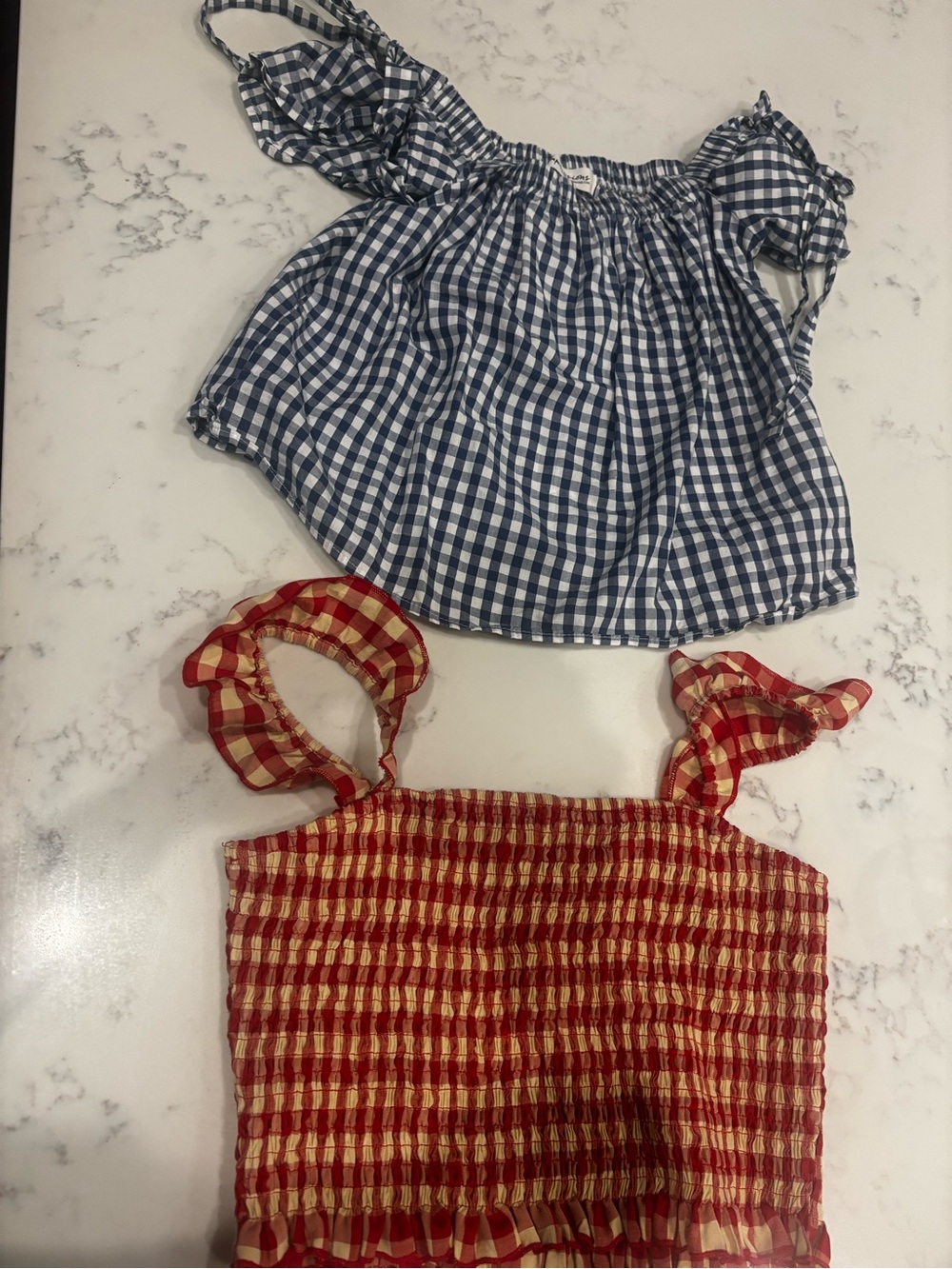 Blue Gingham Off-Shoulder Top  & Red Gingham Crop Top.